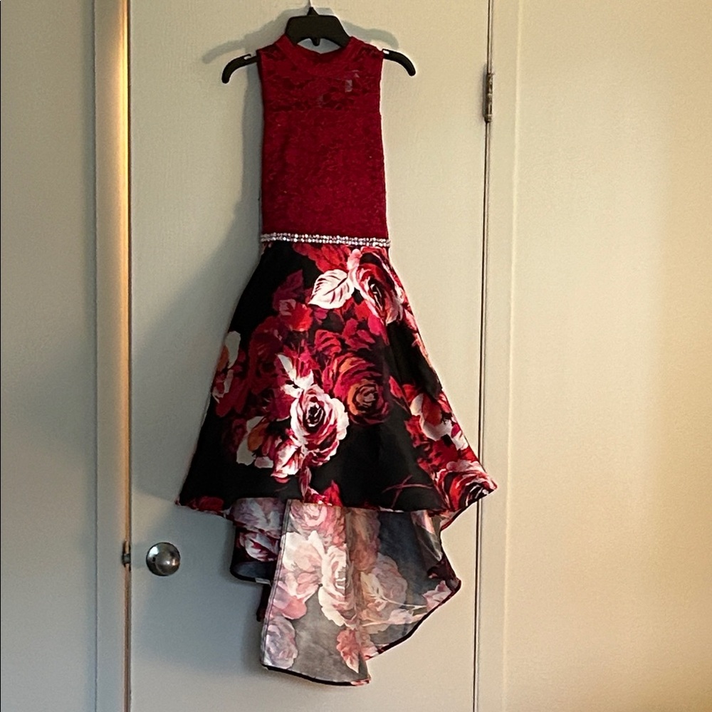 Floral High-Low Dress with Red Bodice